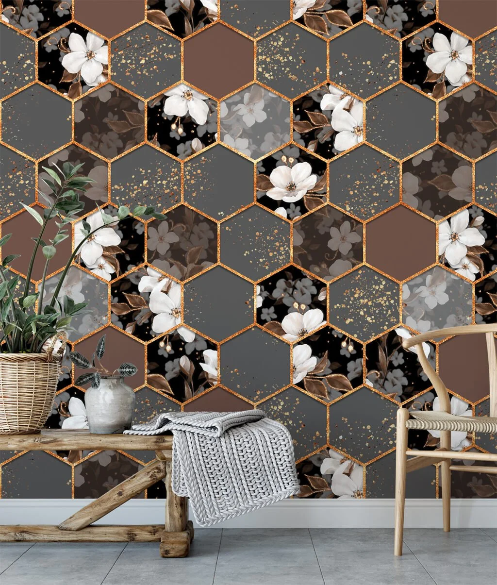 Grey And Brown Floral Hexagon Geometric Tiles Illustration Wallpaper, Elegant Flowers Peel & Stick Wall Mural