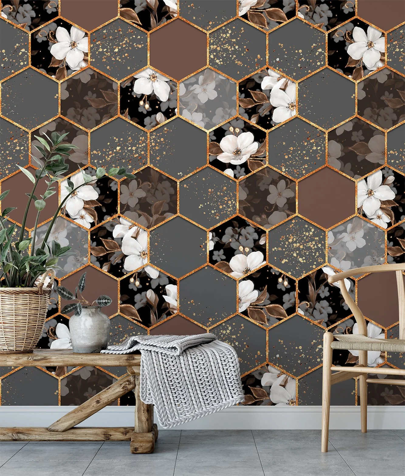 Grey And Brown Floral Hexagon Geometric Tiles Illustration Wallpaper, Elegant Flowers Peel & Stick Wall Mural