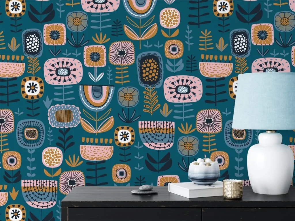 Folk Art Abstract Flower Design Illustration Wallpaper, Abstract Garden Pattern Peel & Stick Wall Mural