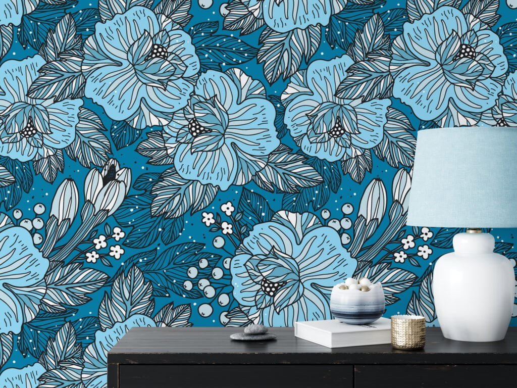 Blue Colored Outlined Floral Wallpaper Pattern, Blue Blossom Design Peel & Stick Wall Mural