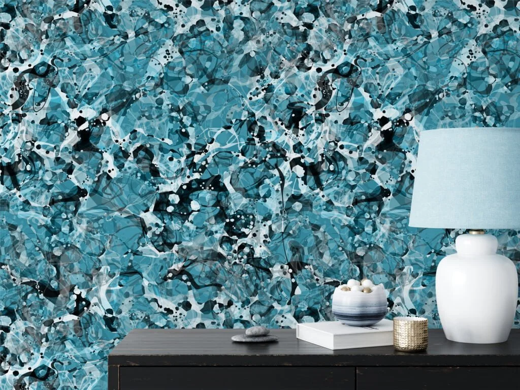 Abstract Blue Ink shapes Illustration Wallpaper, Contemporary Fluid Art Peel & Stick Wall Mural