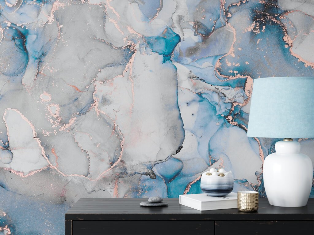 Blue And Grey Copper Alcohol Ink Art Marble Wallpaper, Cool Blue Marble Peel & Stick Wall Mural