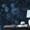 Dark Blue Flower And Roses Floral Pattern Illustration Wallpaper, Midnight Garden Peel & Stick Wall Mural