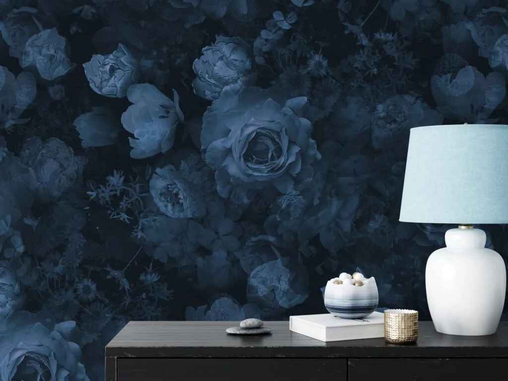 Dark Blue Flower And Roses Floral Pattern Illustration Wallpaper, Midnight Garden Peel & Stick Wall Mural