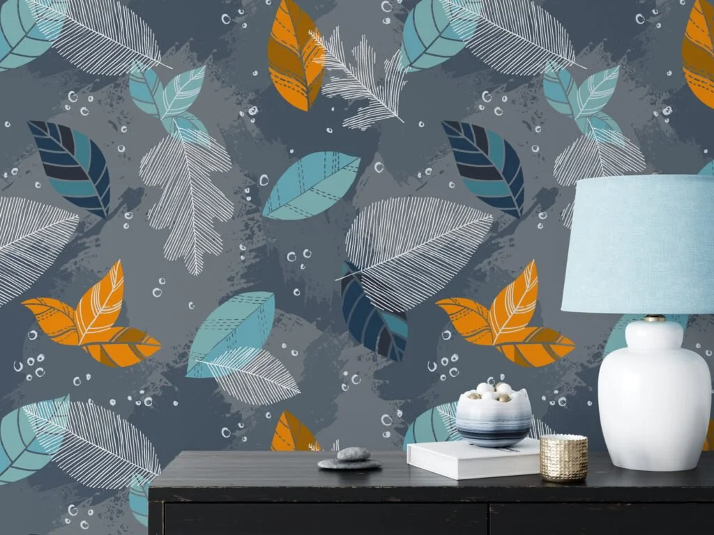 Abstract Blue And Orange Leaves Illustration Wallpaper, Whimsical Cool Autumn Peel & Stick Wall Mural