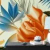 Large Tropical Orange Flowers With Blue Leaves Wallpaper, Vibrant Botanical Elegant Peel & Stick Wall Mural