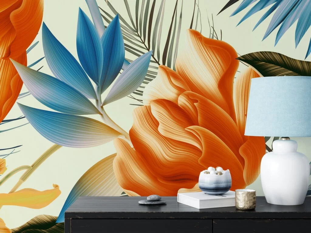 Large Tropical Orange Flowers With Blue Leaves Wallpaper, Vibrant Botanical Elegant Peel & Stick Wall Mural