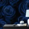 Floral Dark Blue Roses Wallpaper, Midnight Elegant Floral Peel & Stick Wall Mural