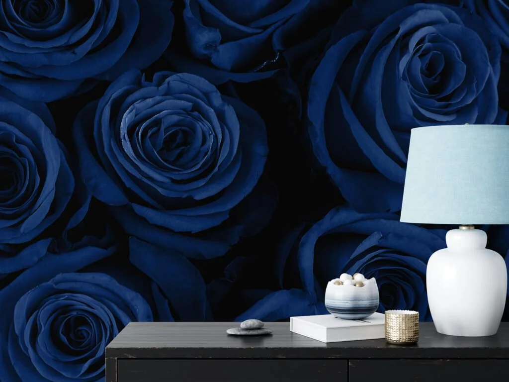 Floral Dark Blue Roses Wallpaper, Midnight Elegant Floral Peel & Stick Wall Mural