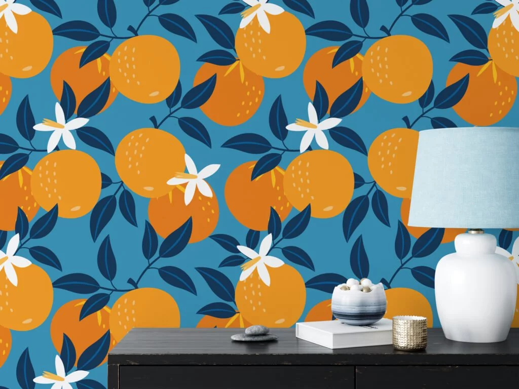 Retro Flat Art Oranges Abstract Design Wallpaper, Refreshing Citrus on Blue Peel & Stick Wall Mural