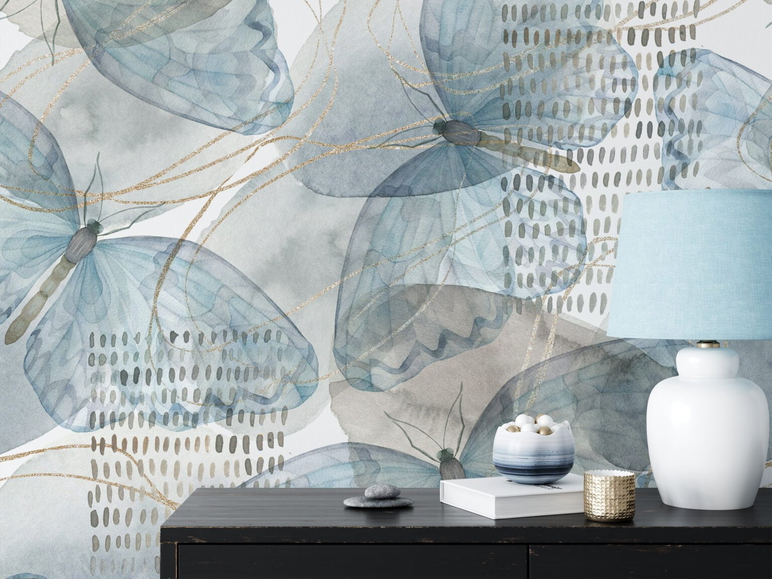 Light Blue Watercolor Butterflies Pattern Wallpaper, Vintage Tranquil ...
