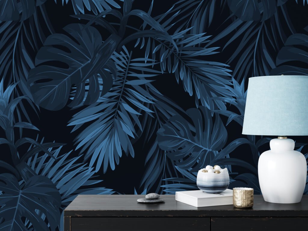 Dark Blue Tropical Leaves Forest Illustration Wallpaper, Dark Elegant Peel & Stick Wall Mural