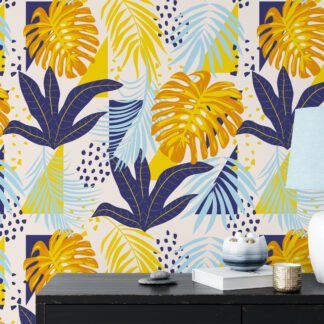 Large Abstract Tropical Colorful Leaves Illustration Wallpaper, Bold Blue And Yellow Peel & Stick Wall Mural