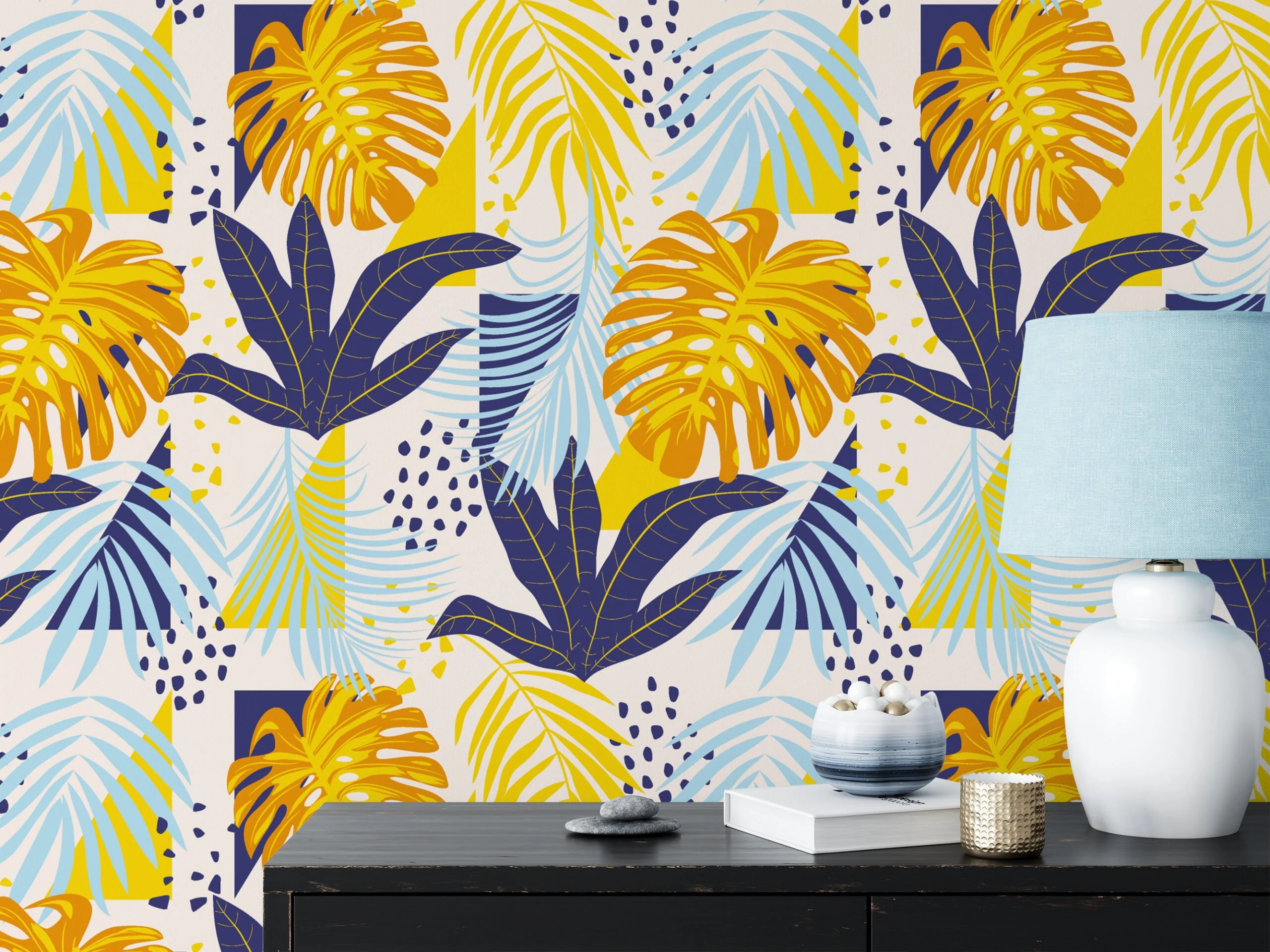 Large Abstract Tropical Colorful Leaves Illustration Wallpaper, Bold Blue And Yellow Peel & Stick Wall Mural