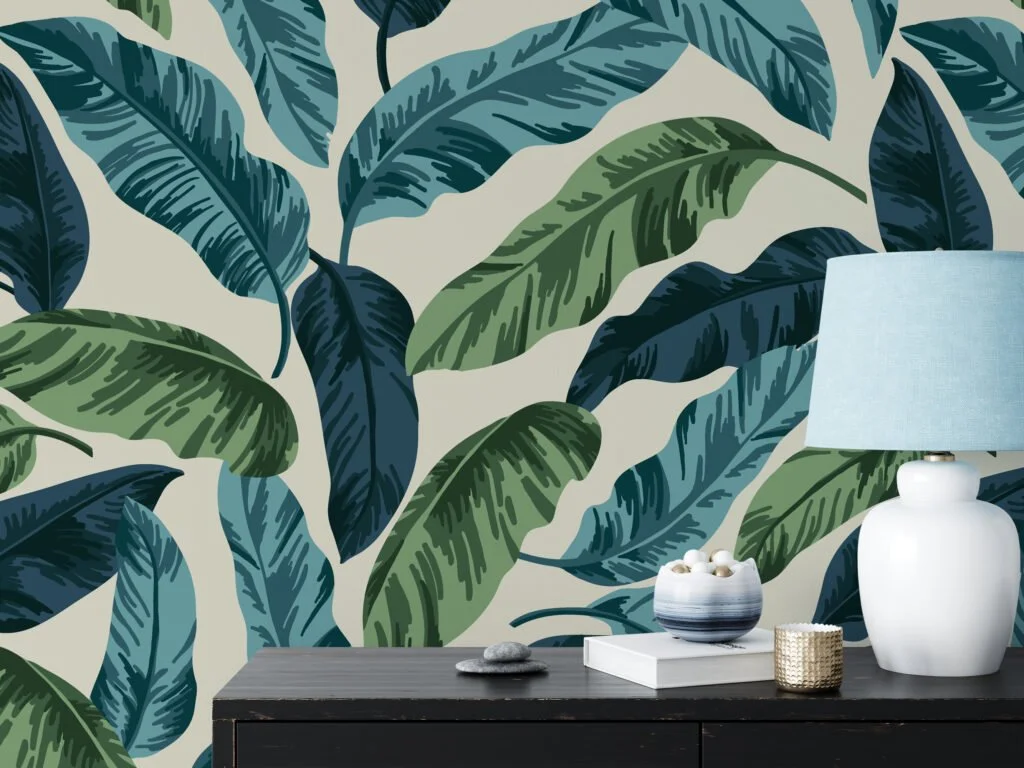 Large Green And Blue Leaves Wallpaper, Nature-Inspired Peel & Stick Wall Mural