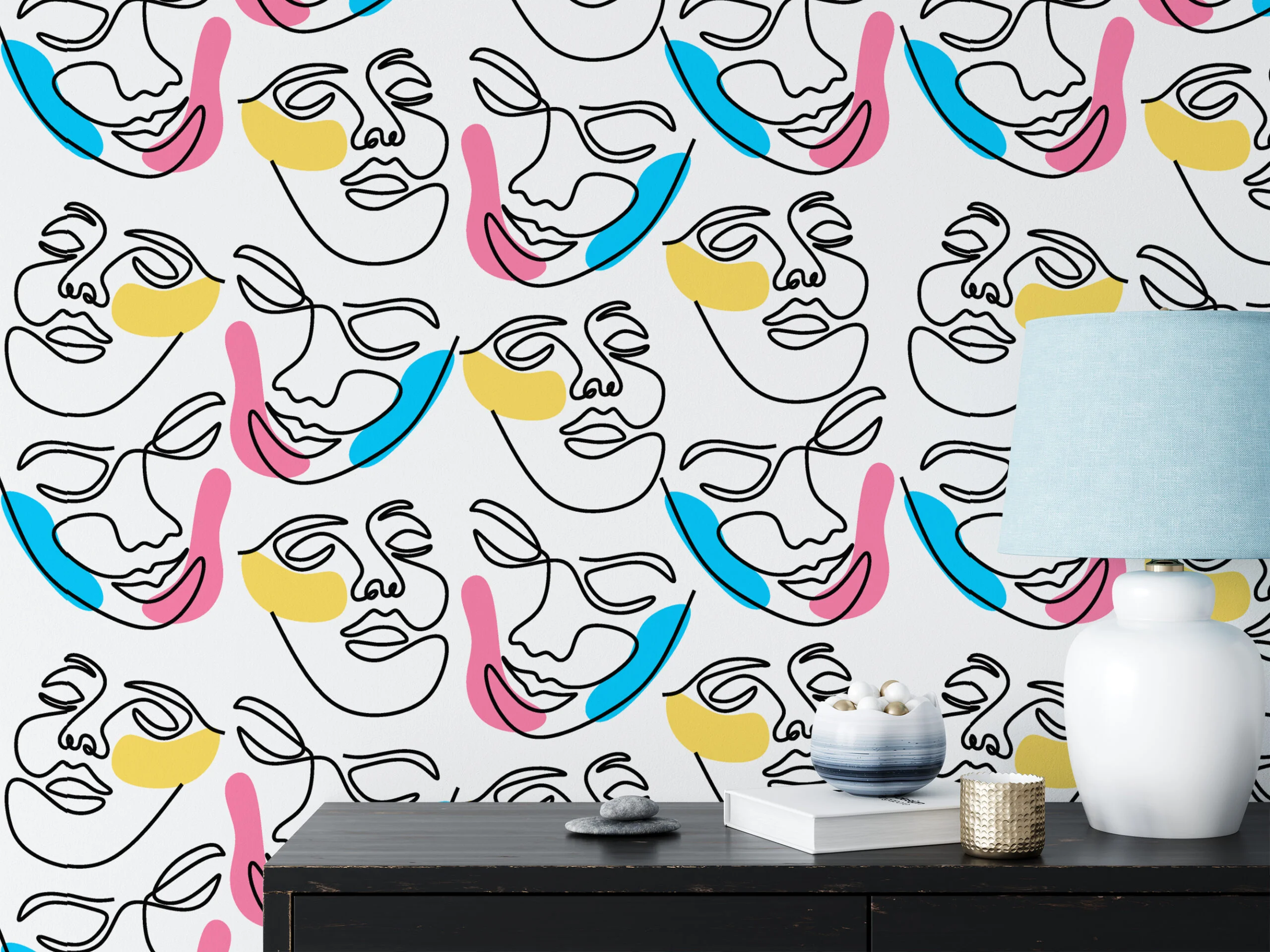 Abstract Faces Line Art Illustration Wallpaper, Vibrant Contemporary Peel & Stick Wall Mural