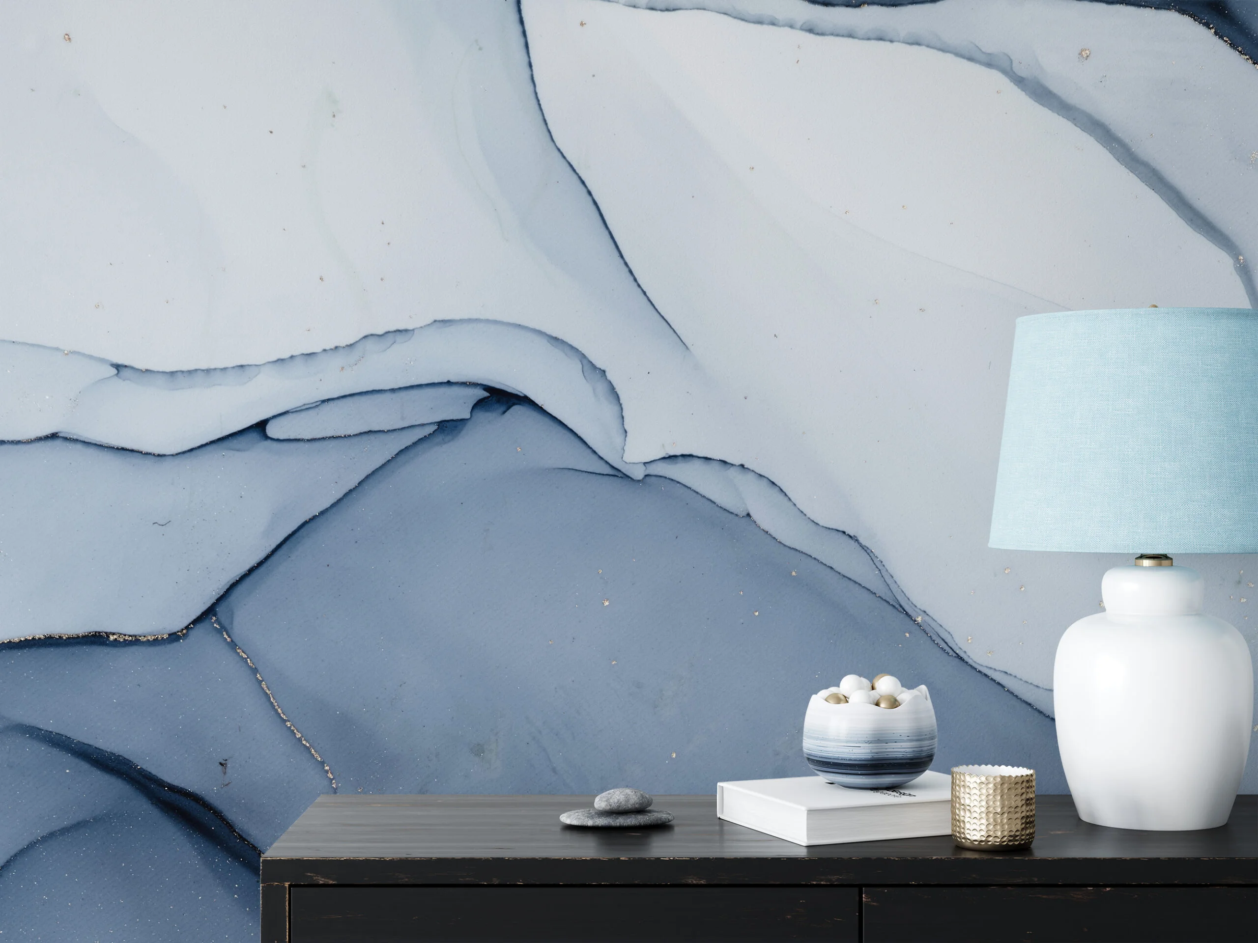 Cool Blue Colored Marble Ink Art Wallpaper, Serene Blue Peel & Stick Wall Mural