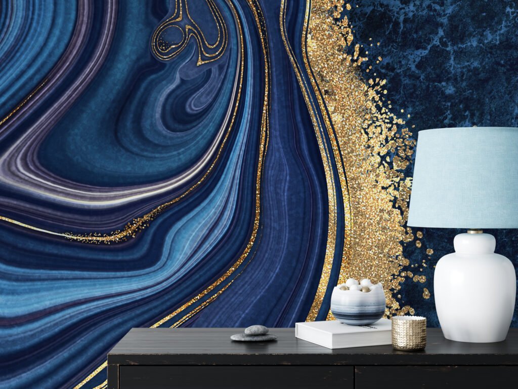 Dark Blue And Gold Abstract Ink Art Illustration Wallpaper, Midnight Blue Agate Peel & Stick Wall Mural
