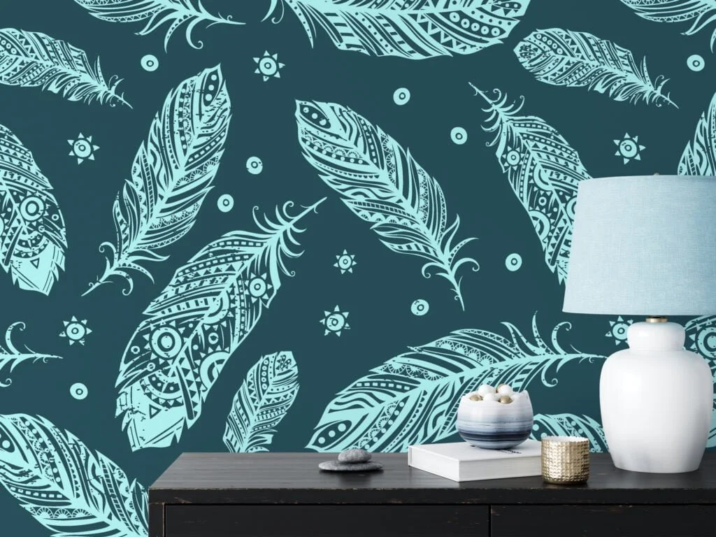 Dark Teal Feathers Pattern Wallpaper, Bohemian Navy Feather Line Art Peel & Stick Wall Mural