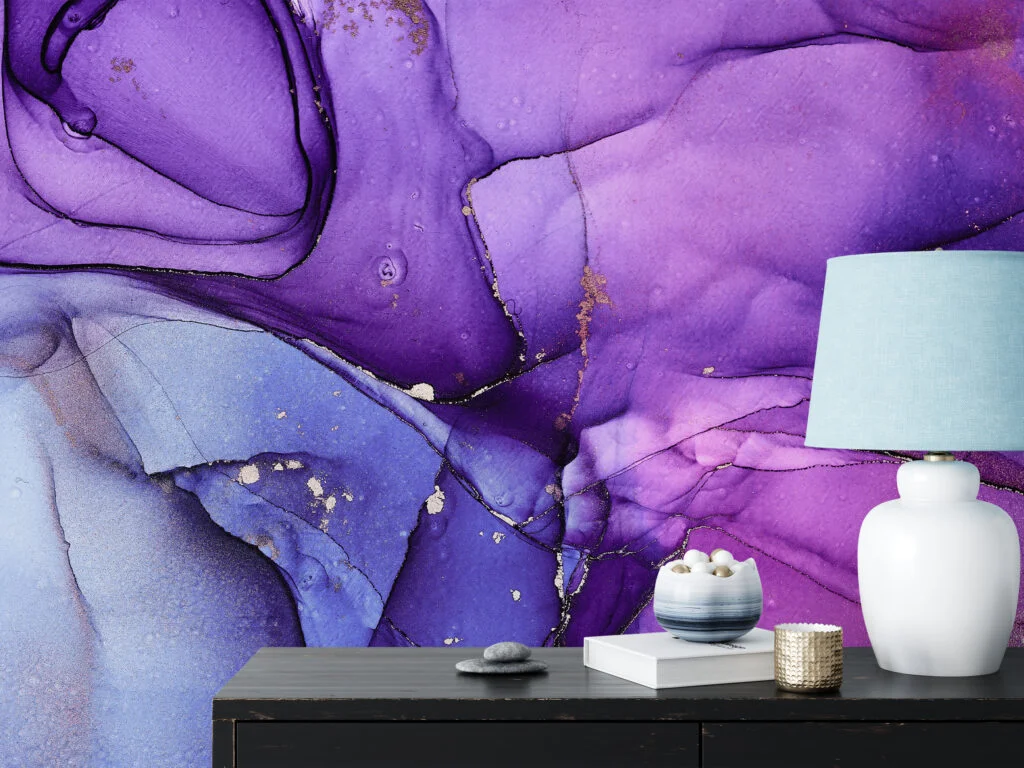 Bright Purple And Blue Alcohol Ink ArtWallpaper, Enchanted Violet Marble Peel & Stick Wall Mural