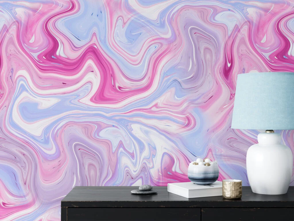 Pink And Lavender Ink Swirls Wallpaper, Swirling Pastel Marble Peel & Stick Wall Mural