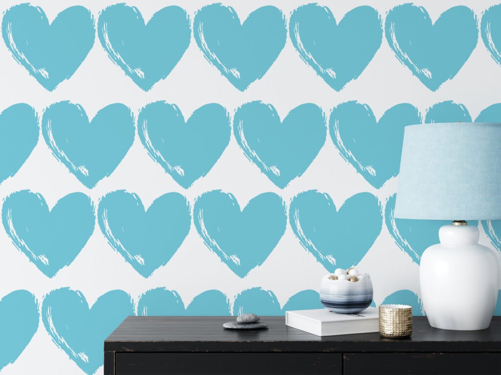 Light Blue Heart Pattern Wallpaper, Sweetheart Blue Heart Nursery Peel & Stick Wall Mural