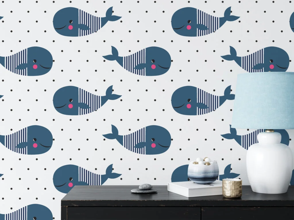 Cute Whale Illustration Pattern Nursery Wallpaper, Charming Navy Whale Peel & Stick Wall Mural