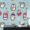 Cute Cartoon Style Christmas Penguins Illustration Wallpaper, Festive Penguin Playtime Kids Peel & Stick Wall Mural