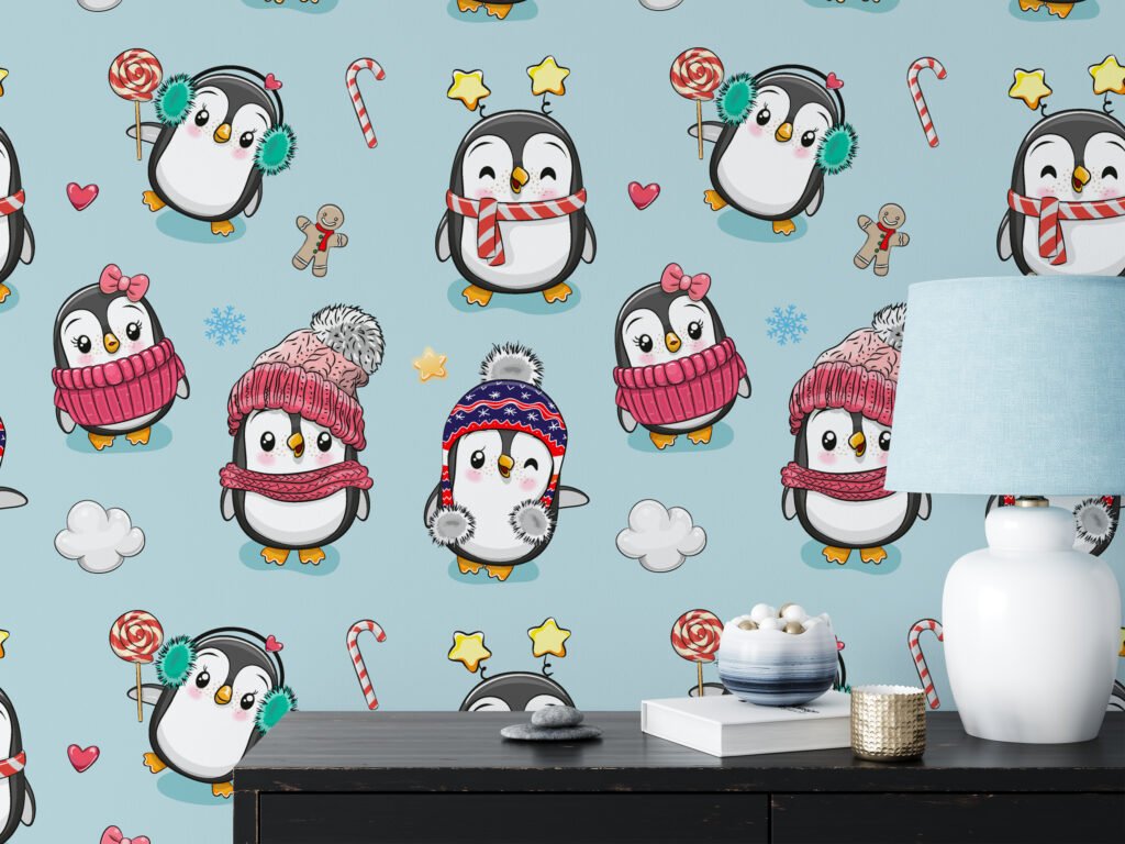 Cute Cartoon Style Christmas Penguins Illustration Wallpaper, Festive Penguin Playtime Kids Peel & Stick Wall Mural