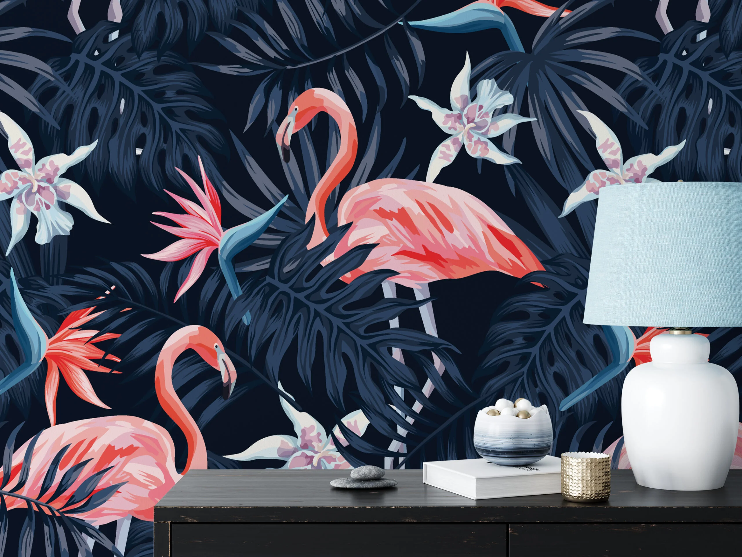 Dark Blue Tropical Leaves With Flamingos Illustration Wallpaper, Majestic Flamingos Peel & Stick Wall Mural