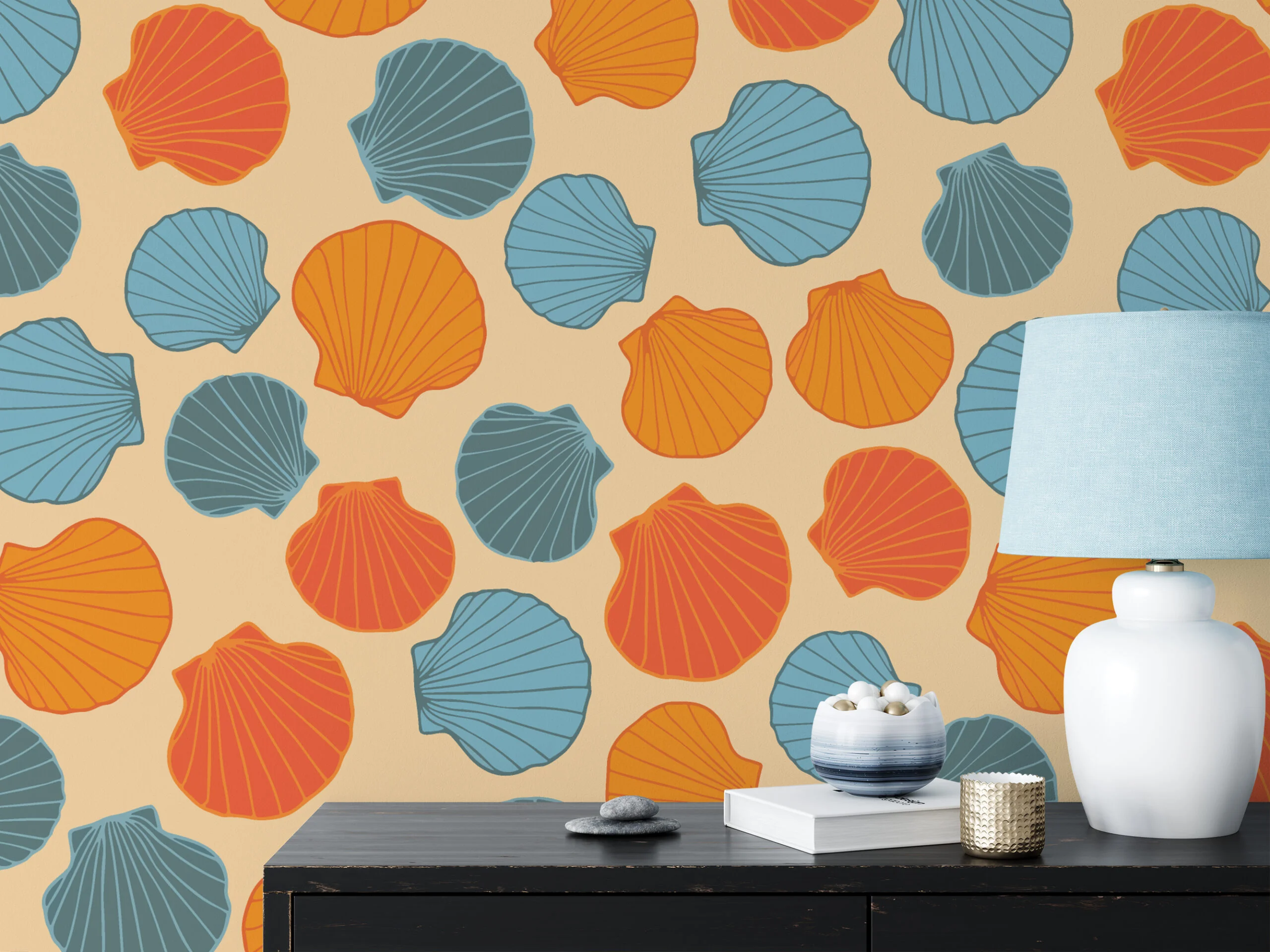 Retro Colored Sea Shells Pattern Wallpaper, Seaside Serenity Peel & Stick Wall Mural