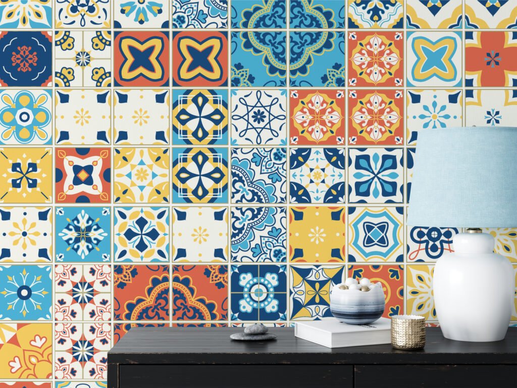 Retro Colored Mozaik Tiles Illustration Wallpaper, Mediterranean Charm Peel & Stick Wall Mural