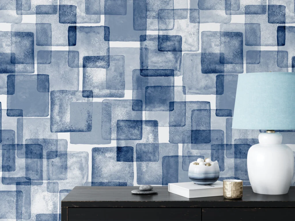 Watercolor Style Blue Squares Geometric Illustration Wallpaper, Artistic Cubist Dreams Peel & Stick Wall Mural