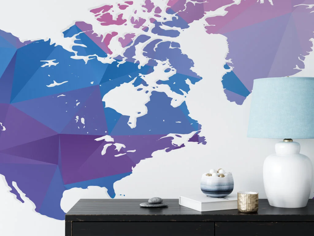 Pink Blue Purple Colored Geometric Shaped World Map Illustration Wallpaper, Modern Abstract Map Peel & Stick Wall Mural