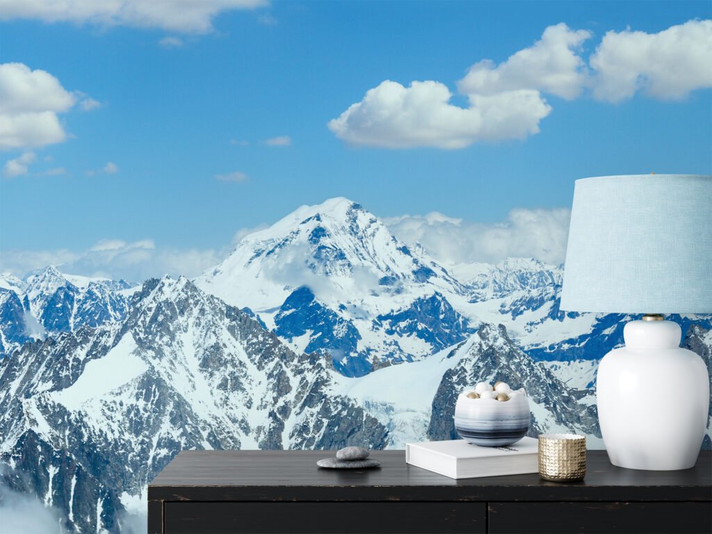 Large Snowy Mountains With A Beautiful View Wallpaper, Majestic Mountain Peaks Peel & Stick Wall Mural