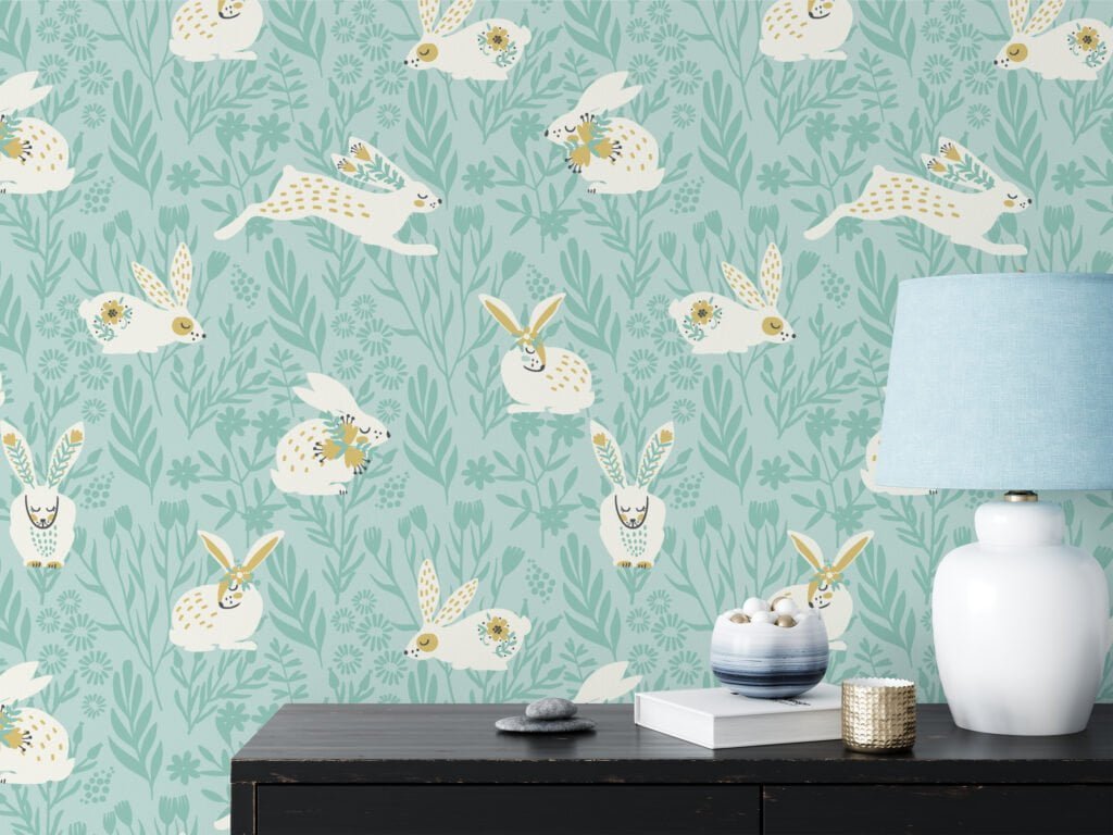 Cute Flat Art Easter Bunnies Illustration Wallpaper, Soft Nursery Wildflower Peel & Stick Wall Mural