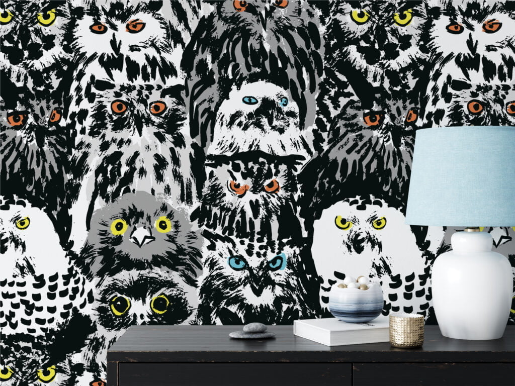 Abstract Grudge Owl Birds Pattern Illustration Wallpaper, Monochrome Bird Art Peel & Stick Wall Mural