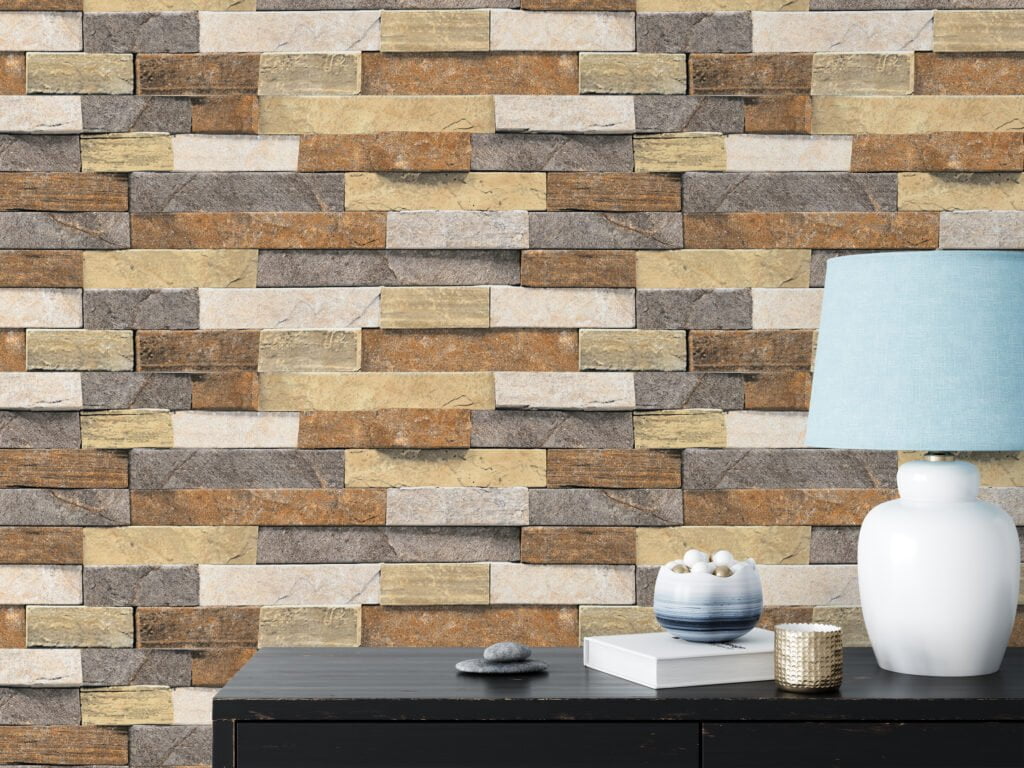 Earth Toned Brick Wall Wallpaper, Modern Stacked Stone Faux Peel & Stick Wall Mural