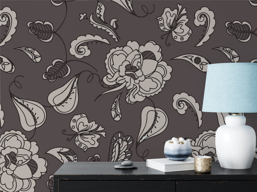 Abstract Paisley Vintage Style Wallpaper, Elegant Monochrome Floral Peel & Stick Wall Mural