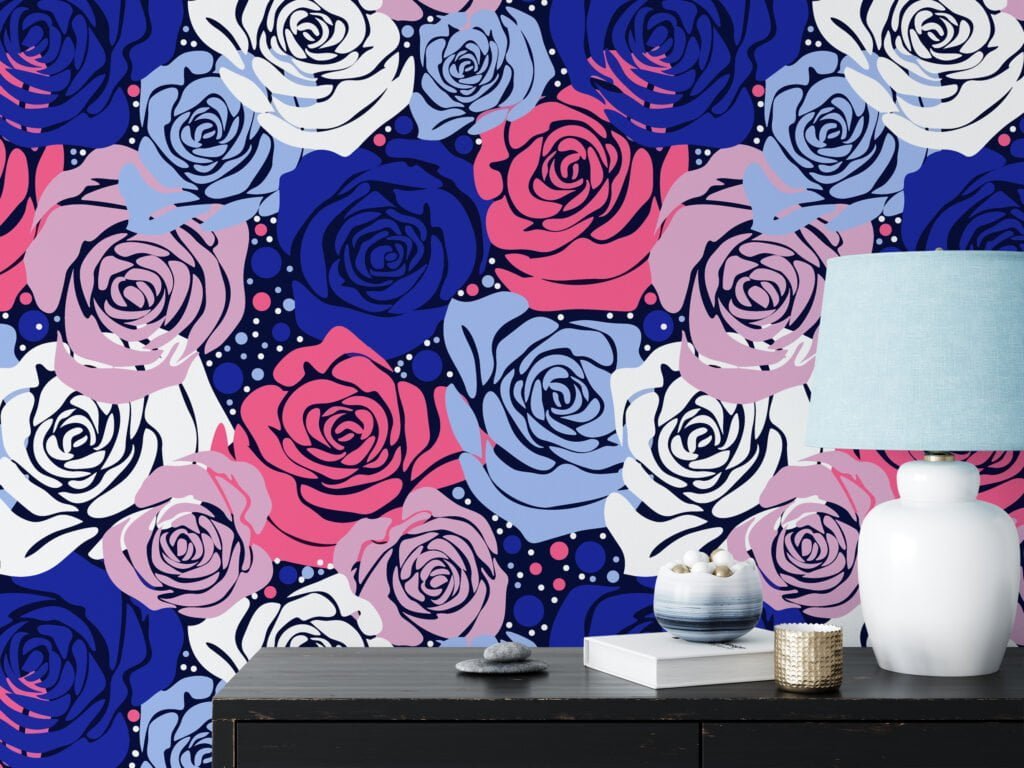 Colorful Abstract Roses Pattern Wallpaper, Bold Blue & Pink Floral Design Peel & Stick Wall Mural