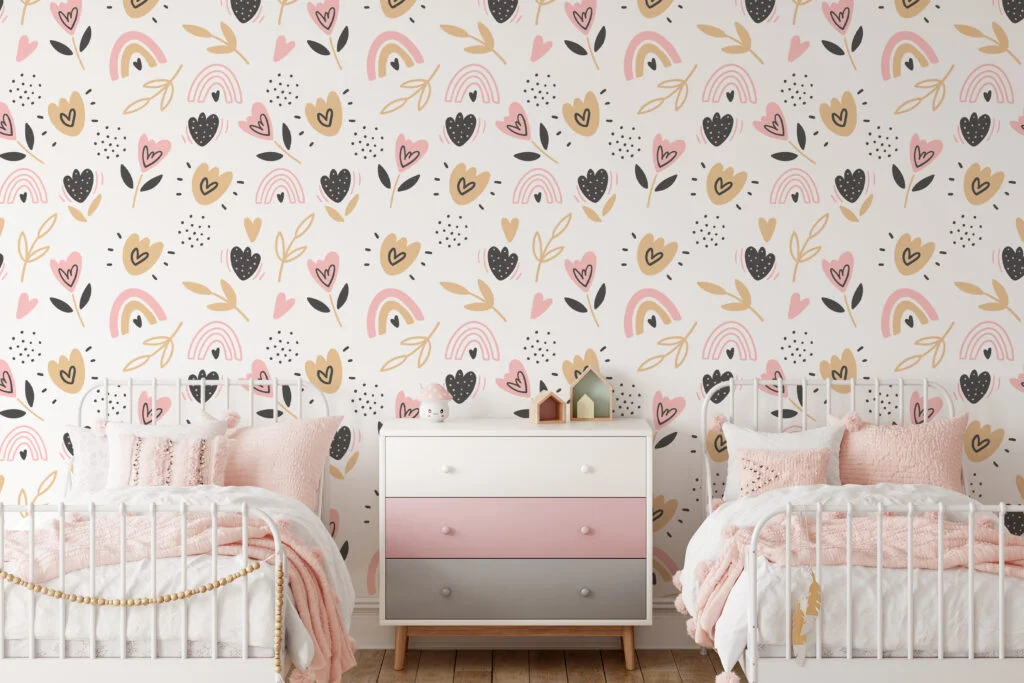 Cute Nursery Pattern With Rainbows Hearts And Branches Wallpaper, Whimsical Floral Kids Peel & Stick Wall Mural