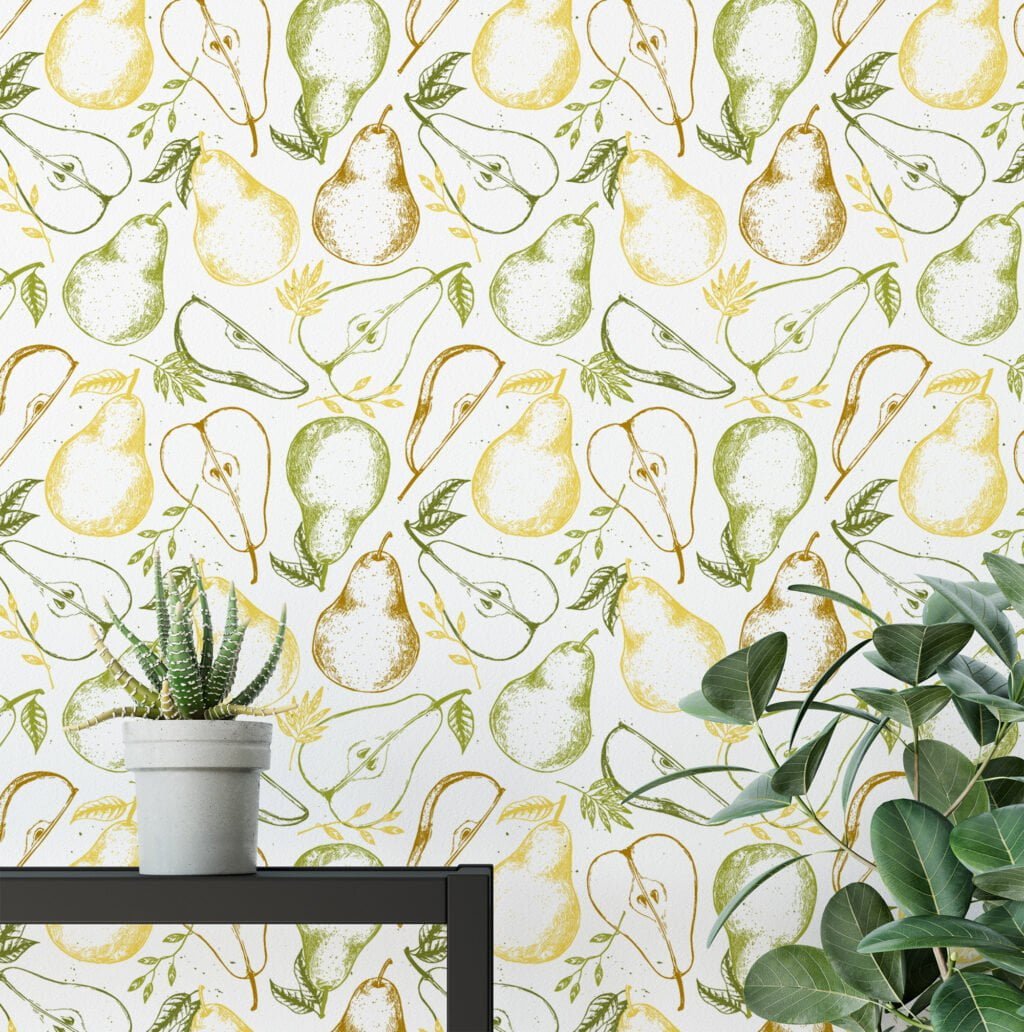 Line Art Slices Pears Fruits Illustration Wallpaper, Light & Airy Kitchen Decor Peel & Stick Wall Mural