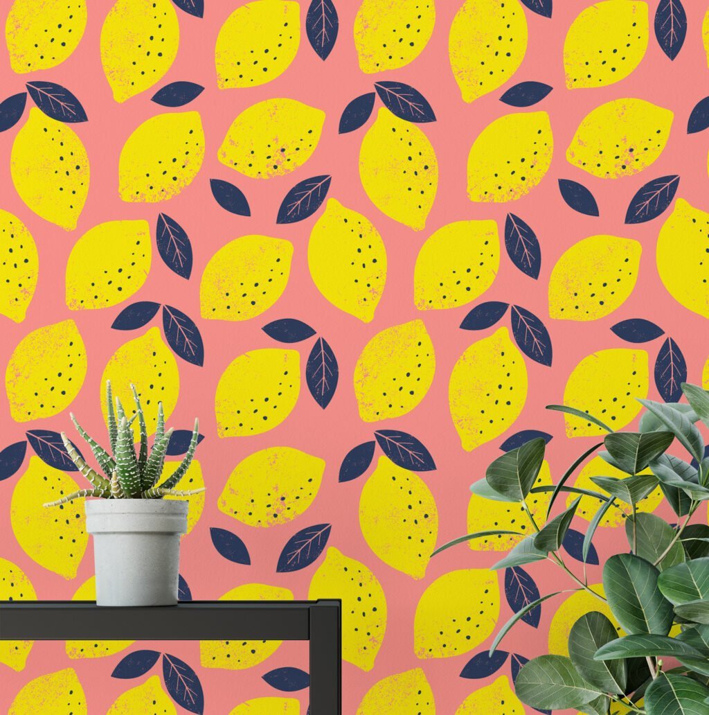 Retro Flat Art Large Lemons With Pink BackGround Wallpaper, Zesty Lemon Spritz Peel & Stick Wall Mural