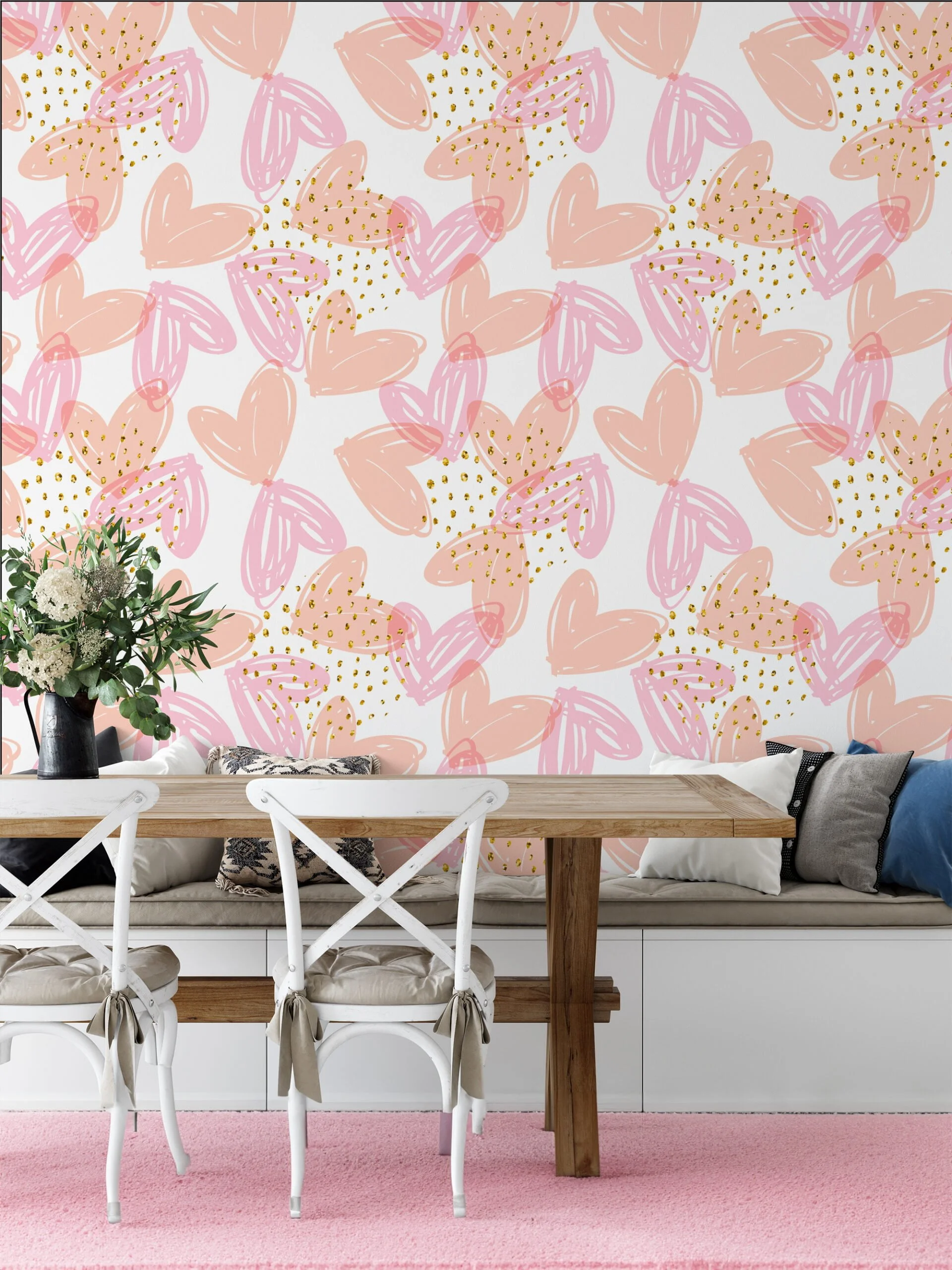 Pastel Peach Pink Hearts Drawing Illustration Wallpaper, Speckled Modern Design Peel & Stick Wall Mural