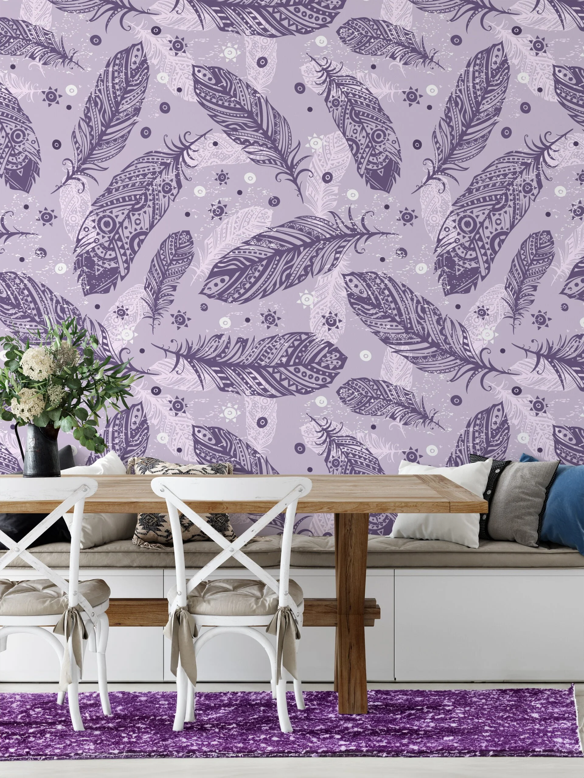 Purple And Lilac Feathers Pattern Wallpaper, Elegant Feather Line Art Peel & Stick Wall Mural