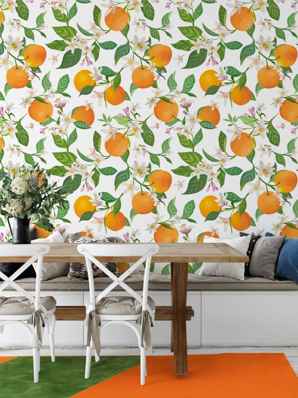 Oranges And Flowers Illustration Wallpaper, Fresh Oranges and Blossoms Design Peel & Stick Wall Mural