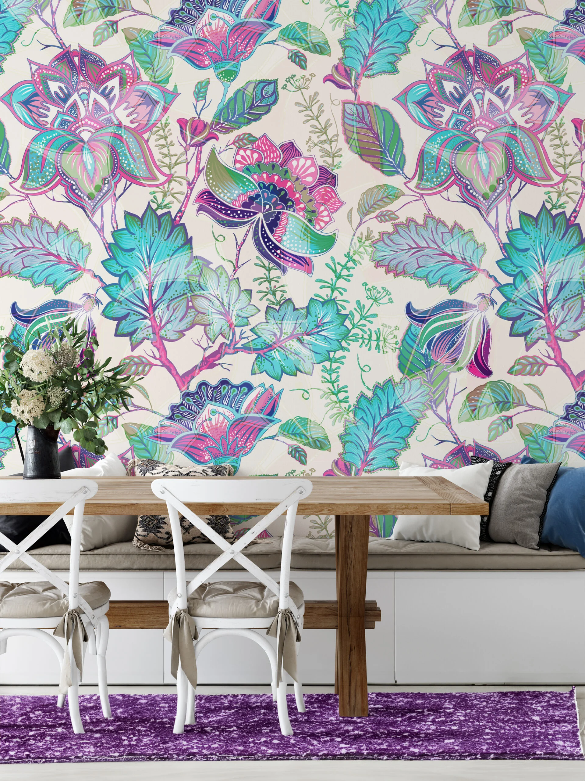 Floral Damask Paisley Illustration Wallpaper, Whimsical Floral Fantasy Peel & Stick Wall Mural