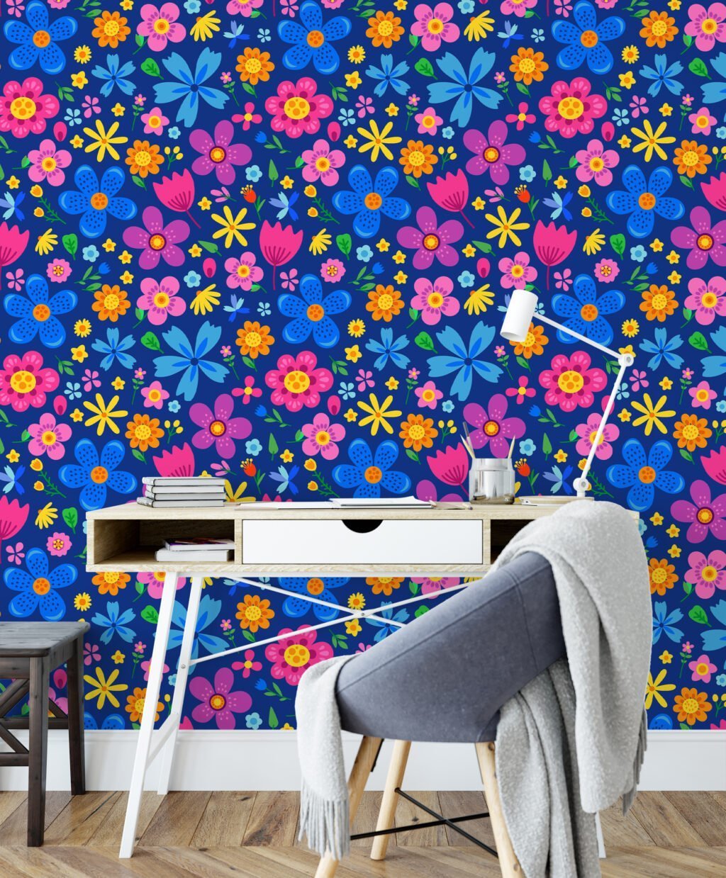 Bright Colored Folk Art Flower Illustration Wallpaper, Joyful Meadow Floral Peel & Stick Wall Mural