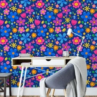 Bright Colored Folk Art Flower Illustration Wallpaper, Joyful Meadow Floral Peel & Stick Wall Mural