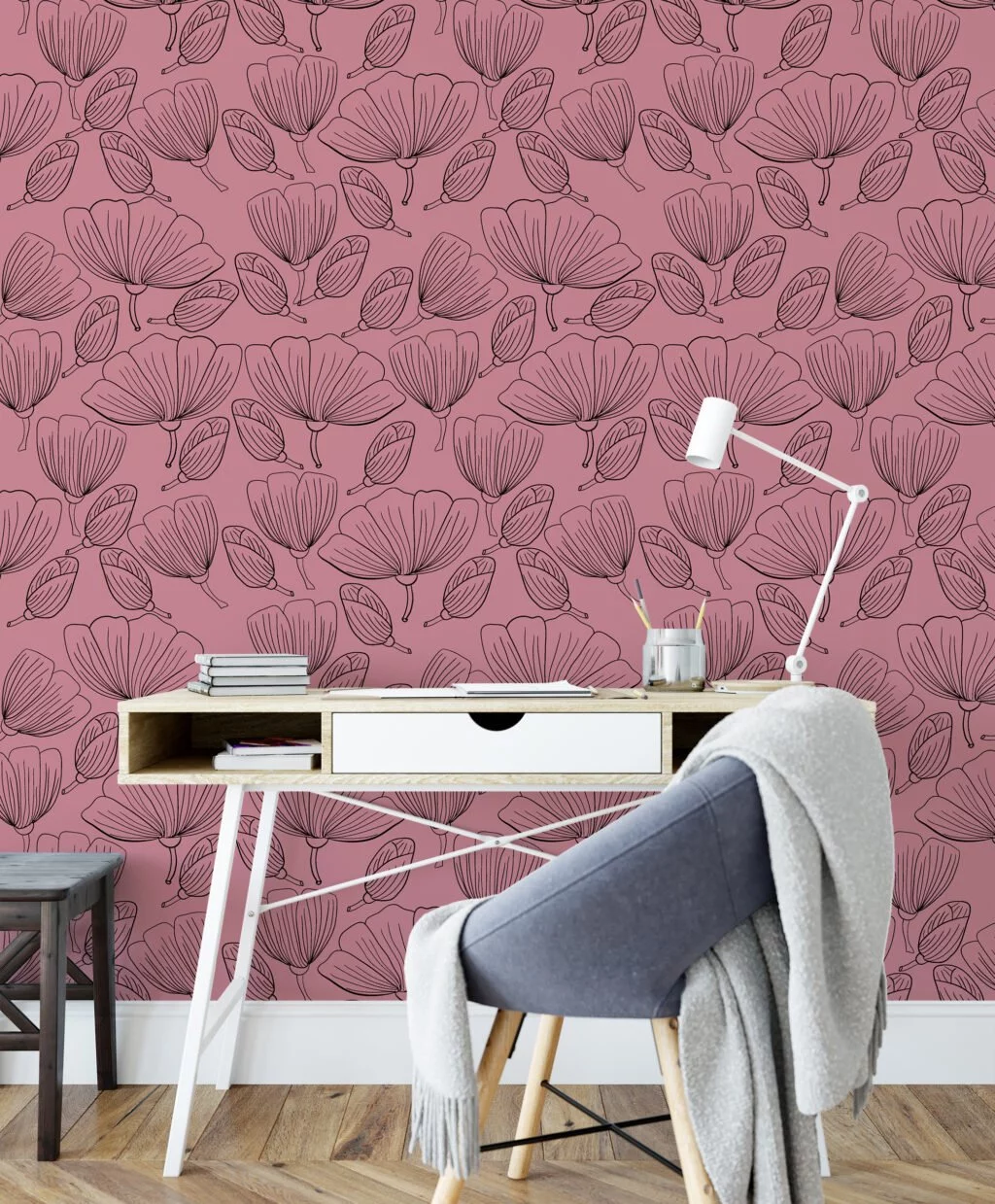 Floral Line Art With A Pink Background Illustration Wallpaper, Elegant Floral Design Peel & Stick Wall Mural